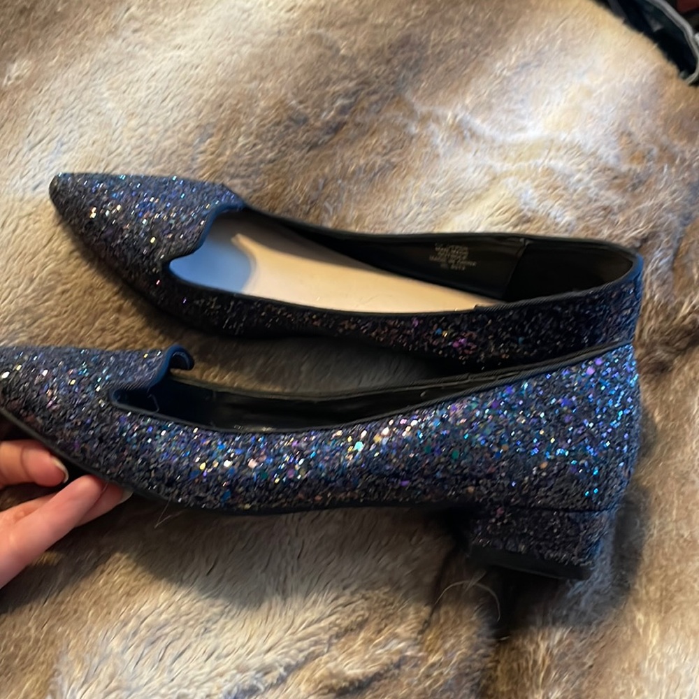 Carvela Sparkly glitter purple black short chunk heal pointy toe